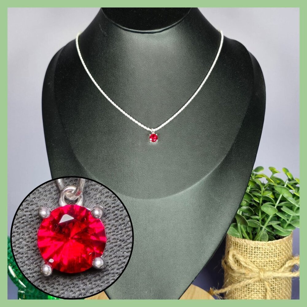 Sterling Silver‎ Glittering Necklace With Radiant Red Solitaire Pendant (NWOT)